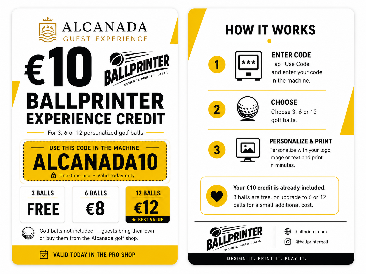 Example of an Alcanada Ballprinter Experience Credit card