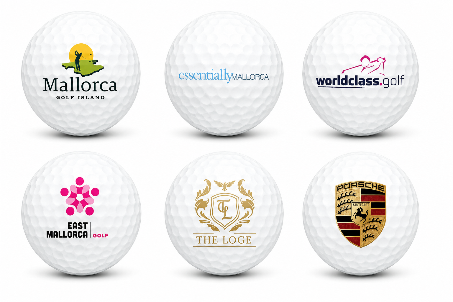 Examples of personalized golf balls — Mallorca Golf Island, essentially Mallorca, worldclass.golf, East Mallorca Golf, The Loge and Porsche