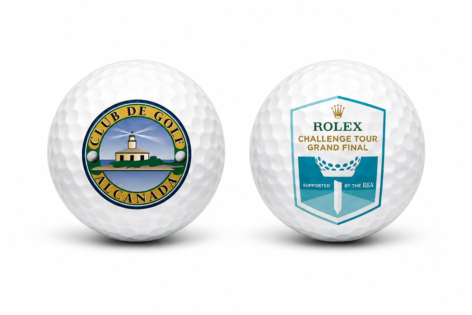 Real Ballprinter prints — Club de Golf Alcanada crest and Rolex Challenge Tour Grand Final